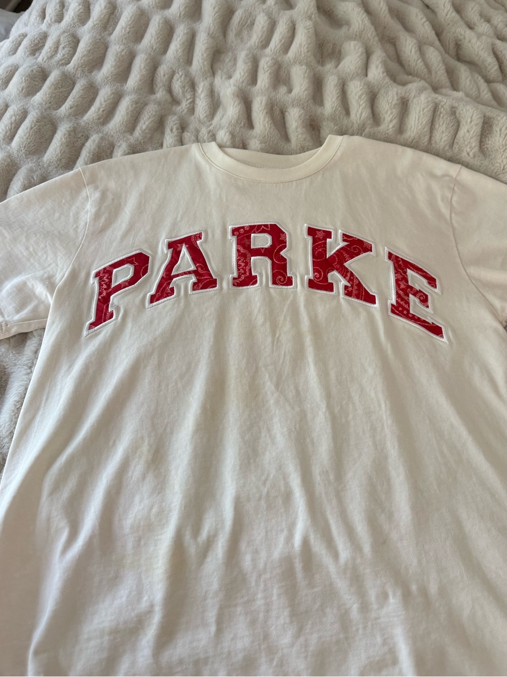 PARKe Short Sleeve Tee in White with Red Lettering